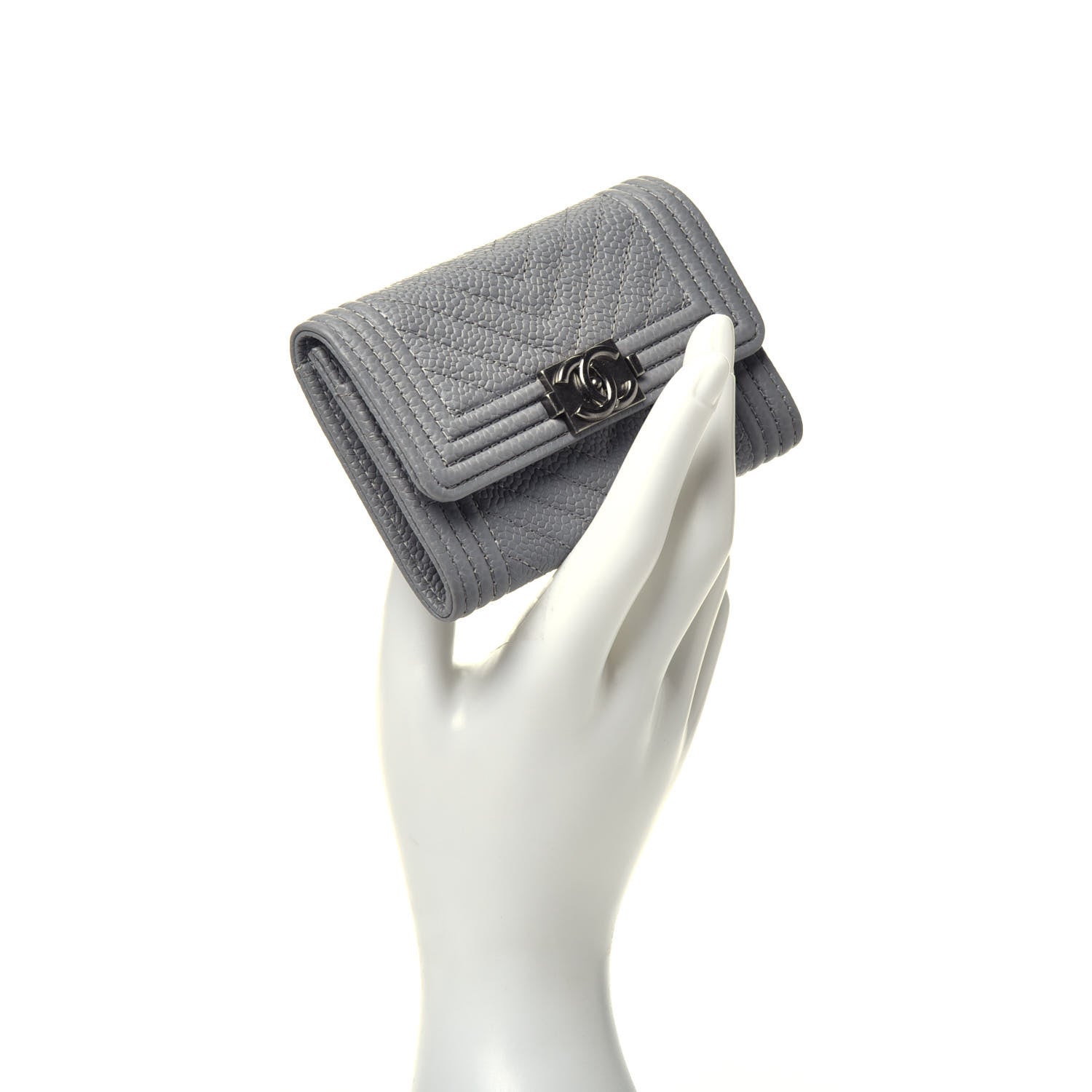 Chanel Caviar Chevron Quilted Boy Flap Card Holder Grey 2 of 9