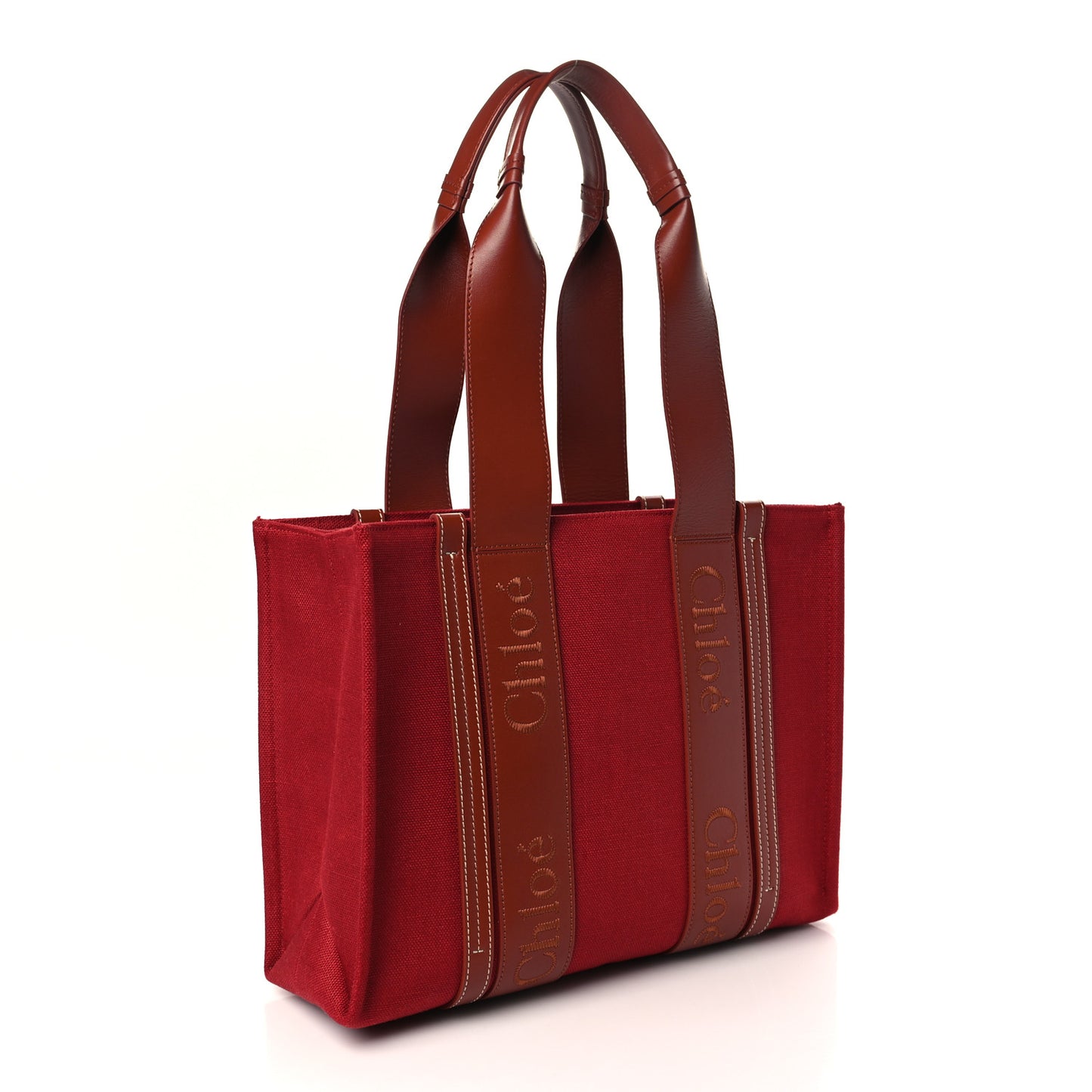 Canvas Calfskin Medium Woody Ribbon Tote Dark Red