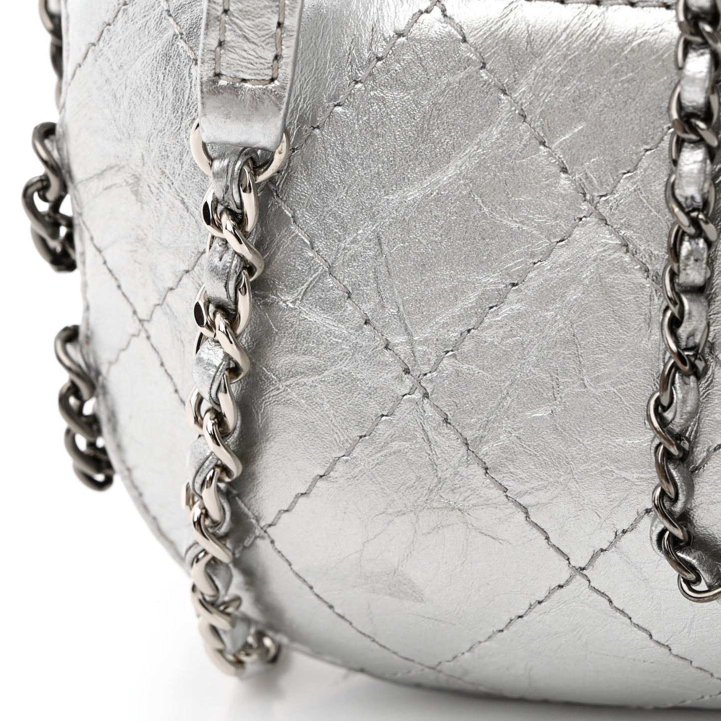 Metallic Aged Calfskin Quilted Small Gabrielle Bucket Silver