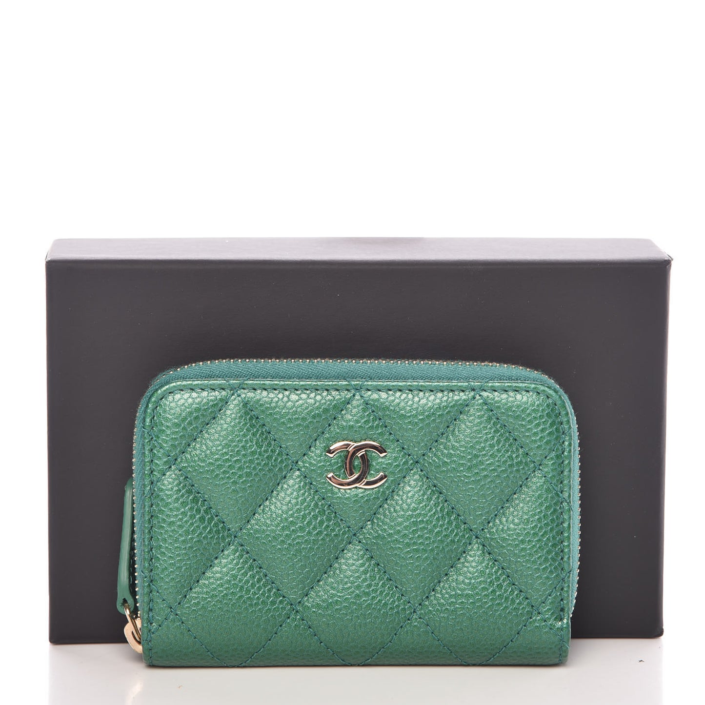 Metallic Caviar Quilted Zip Coin Purse Green