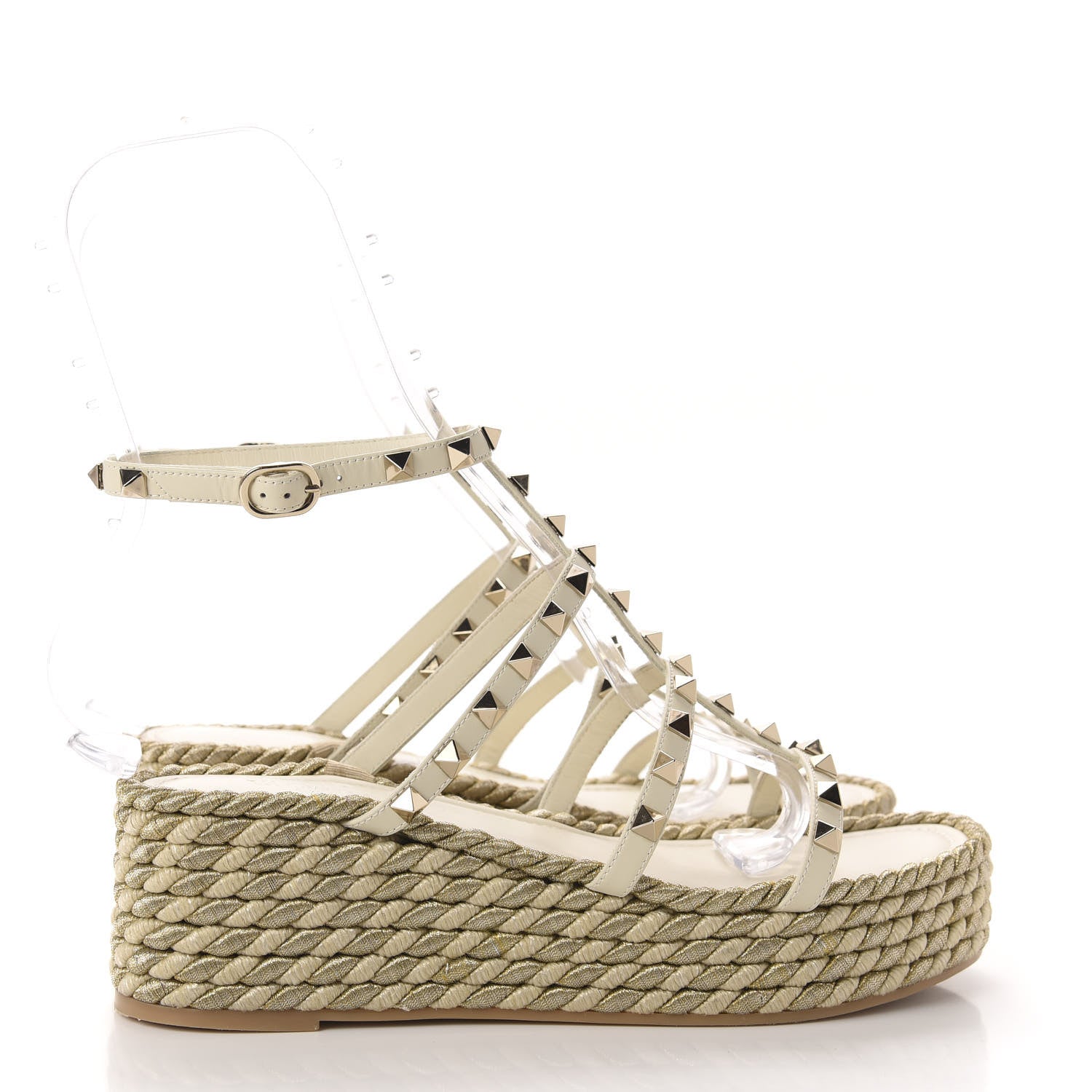 Valentino Garavani Calfskin Rockstud Ankle Strap Torchon Espadrille Caged 30/55mm Sandals 39 Light Ivory 4 of 14