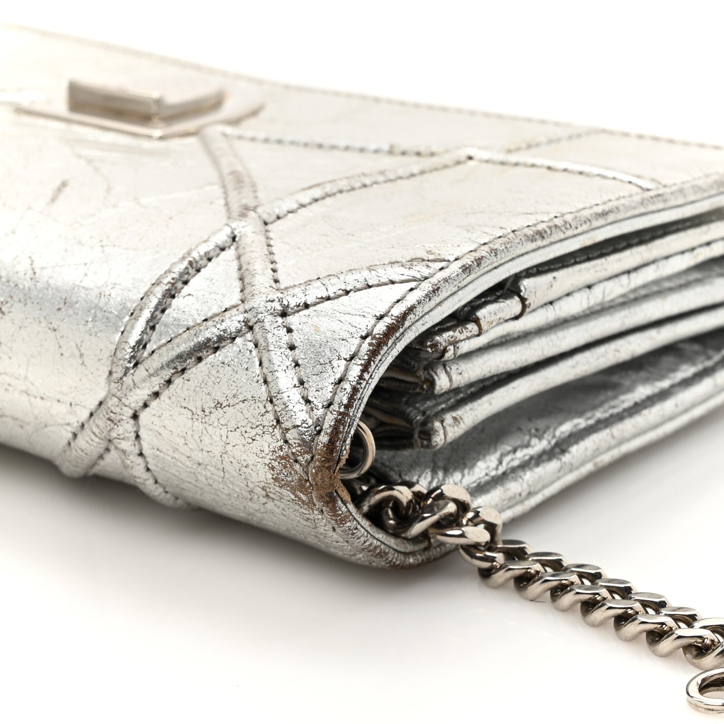 Metallic Crinkled Lambskin Diorama Croisiere Chain Wallet Silver