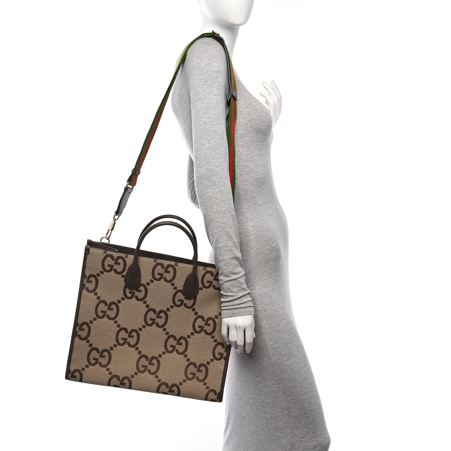 Gucci Monogram Jumbo GG Textured Dollar Calfskin Web Tote Bag Camel Ebony New Acero 2 of 11