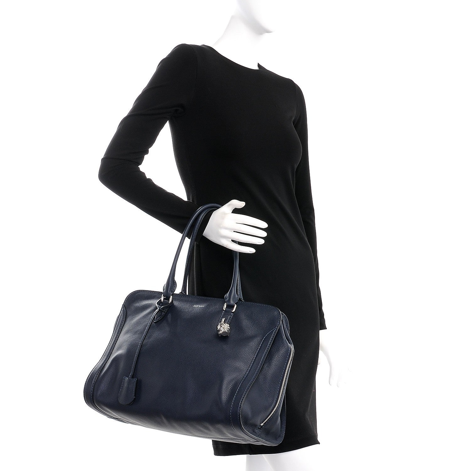 Alexander McQueen Pebbled Calfskin Large Skull Padlock Zip Around Tote Navy 2 of 7