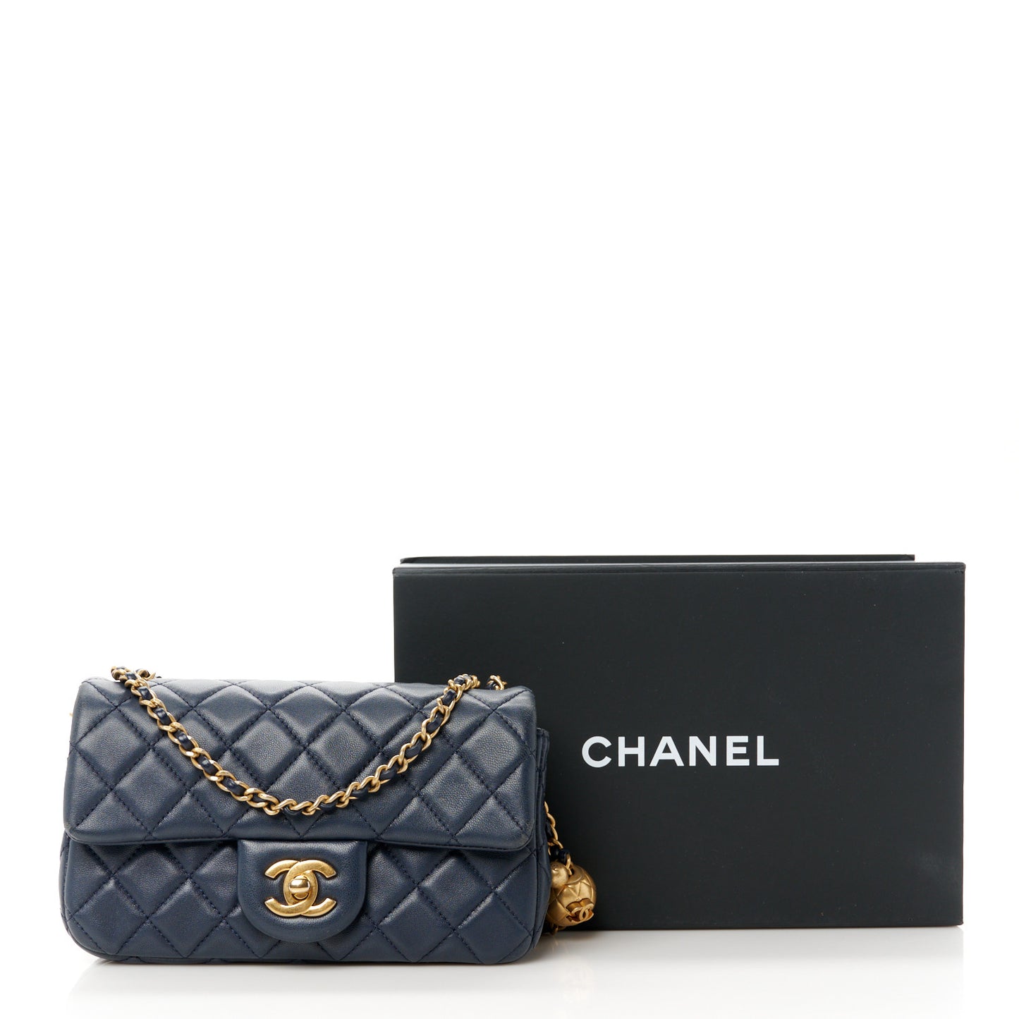 Lambskin Quilted Mini Pearl Crush Rectangular Flap Navy Blue