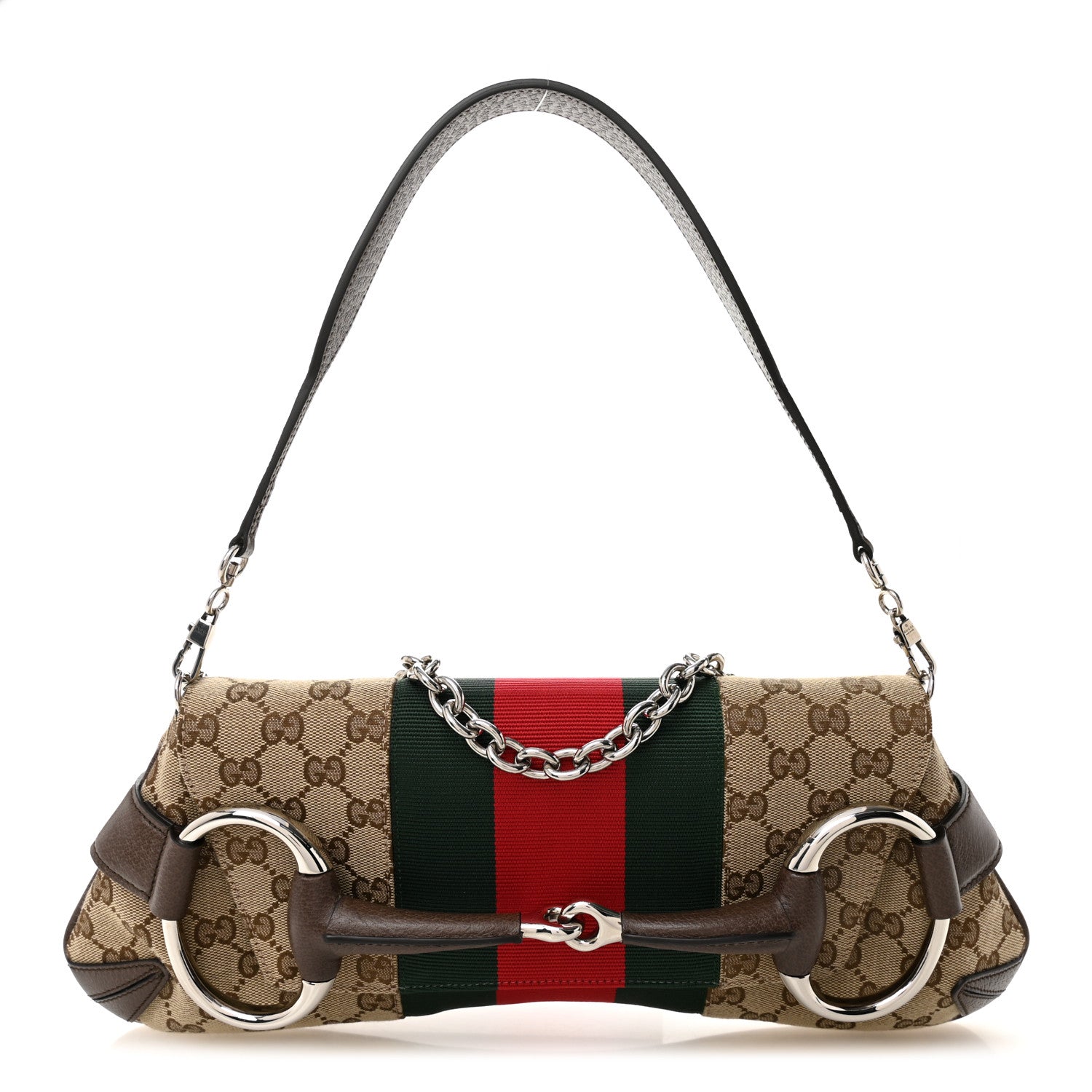Gucci Monogram Textured Dollar Calfskin Heavy Grosgrain Web Medium Maxi Horsebit Chain Shoulder Bag Beige Ebony New Acero 1 of 9