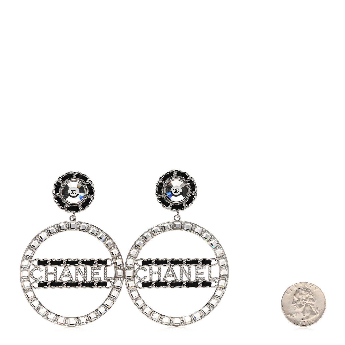 Crystal Lambskin Chain CC Hoop Clip On Earrings Black Silver