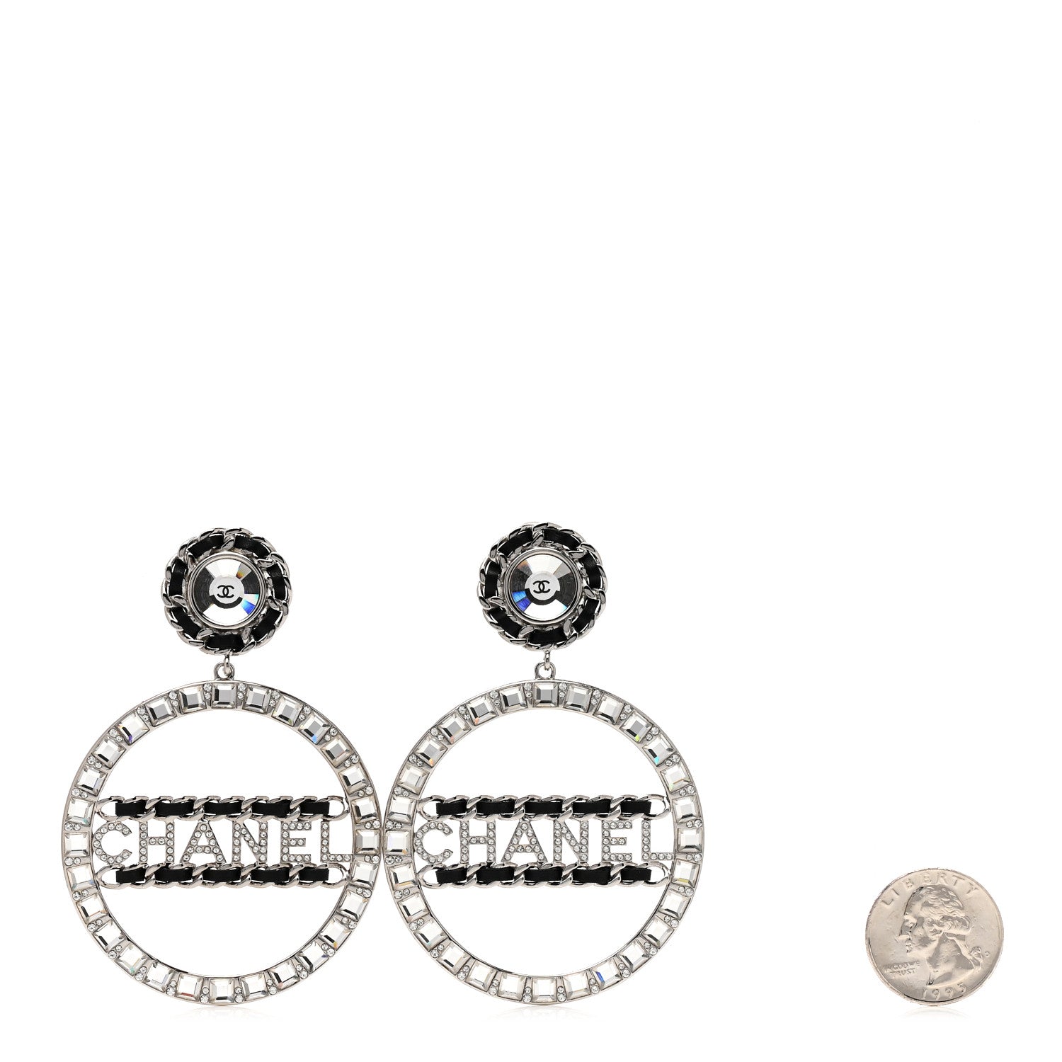 Chanel Crystal Lambskin Chain CC Hoop Clip On Earrings Black Silver 2 of 4