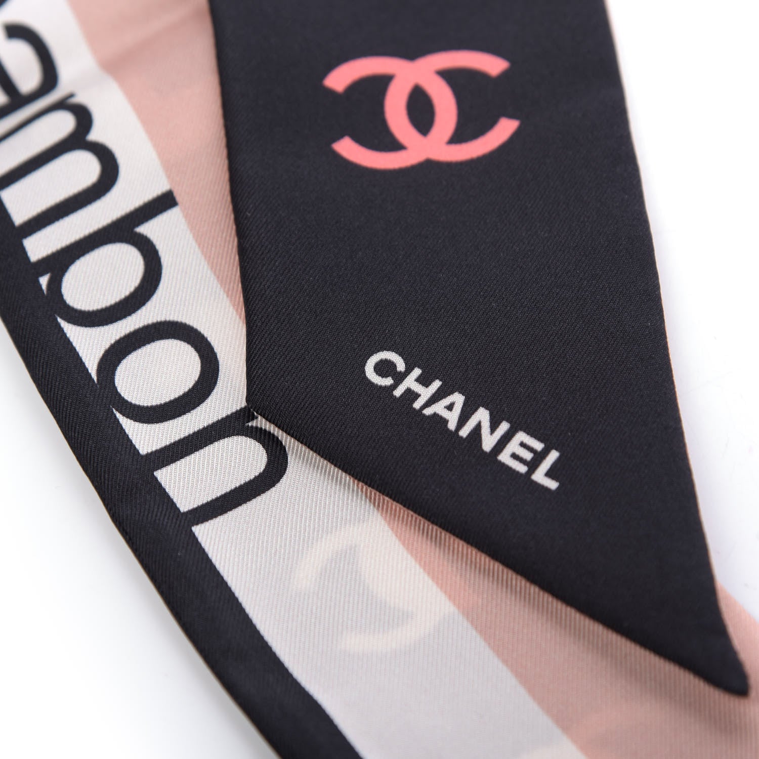 Chanel Silk 31 Rue Cambon CC Slim Bandeau Scarf Ecru Pink Black 2 of 3