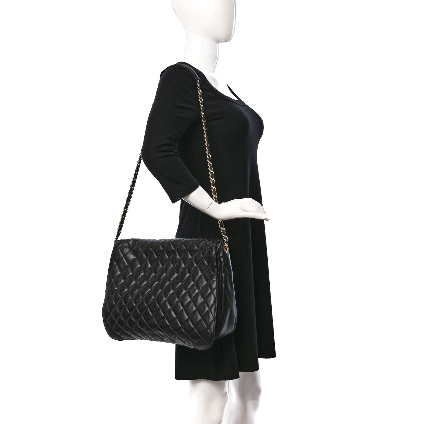 Aged Calfskin Quilted Messenger Bag Black