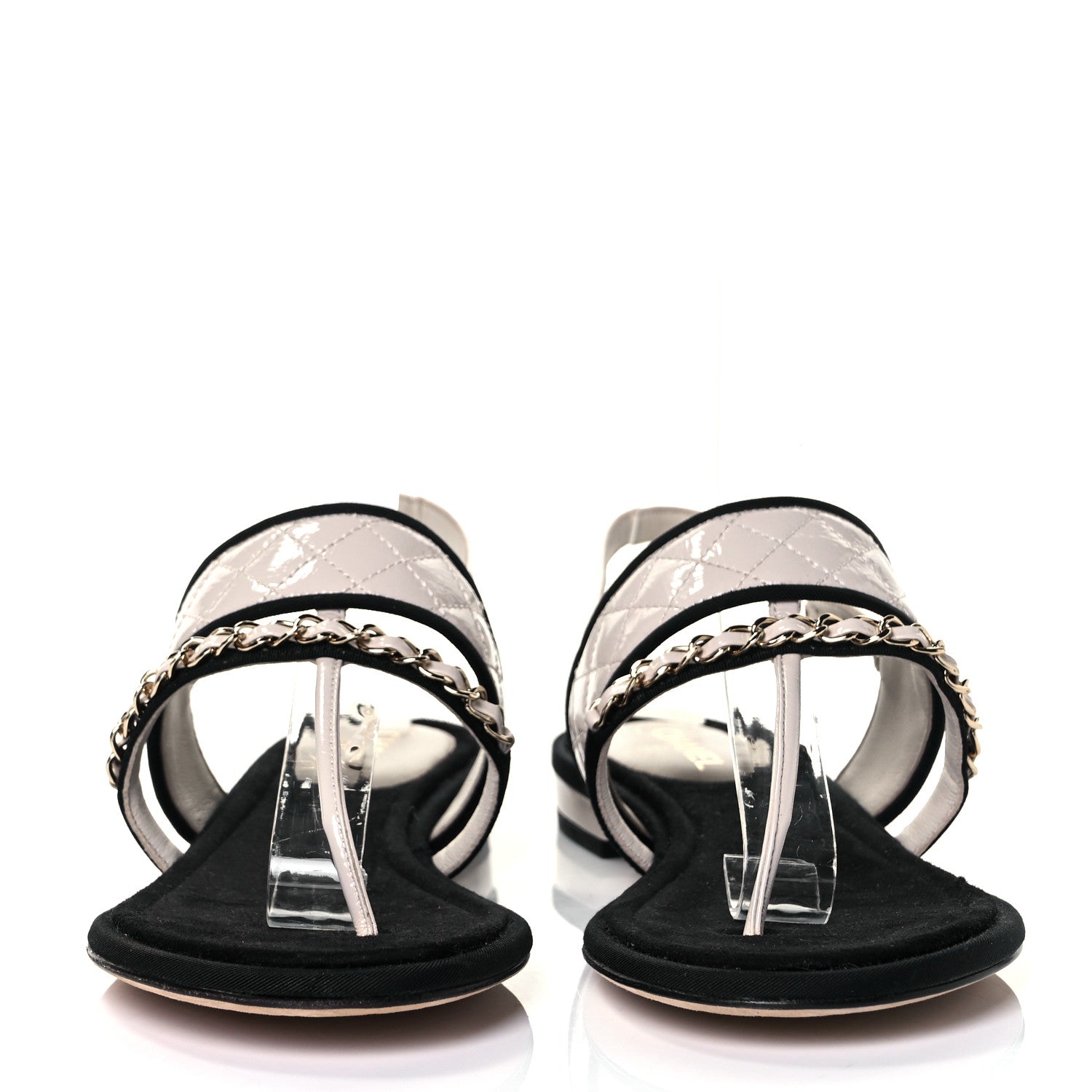 Chanel Patent Lambskin Quilted Chain CC Thong Sandals 37 Ivory Black 2 of 7
