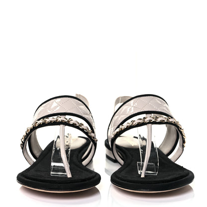 Chanel Patent Lambskin Quilted Chain CC Thong Sandals 37 Ivory Black 2 of 7