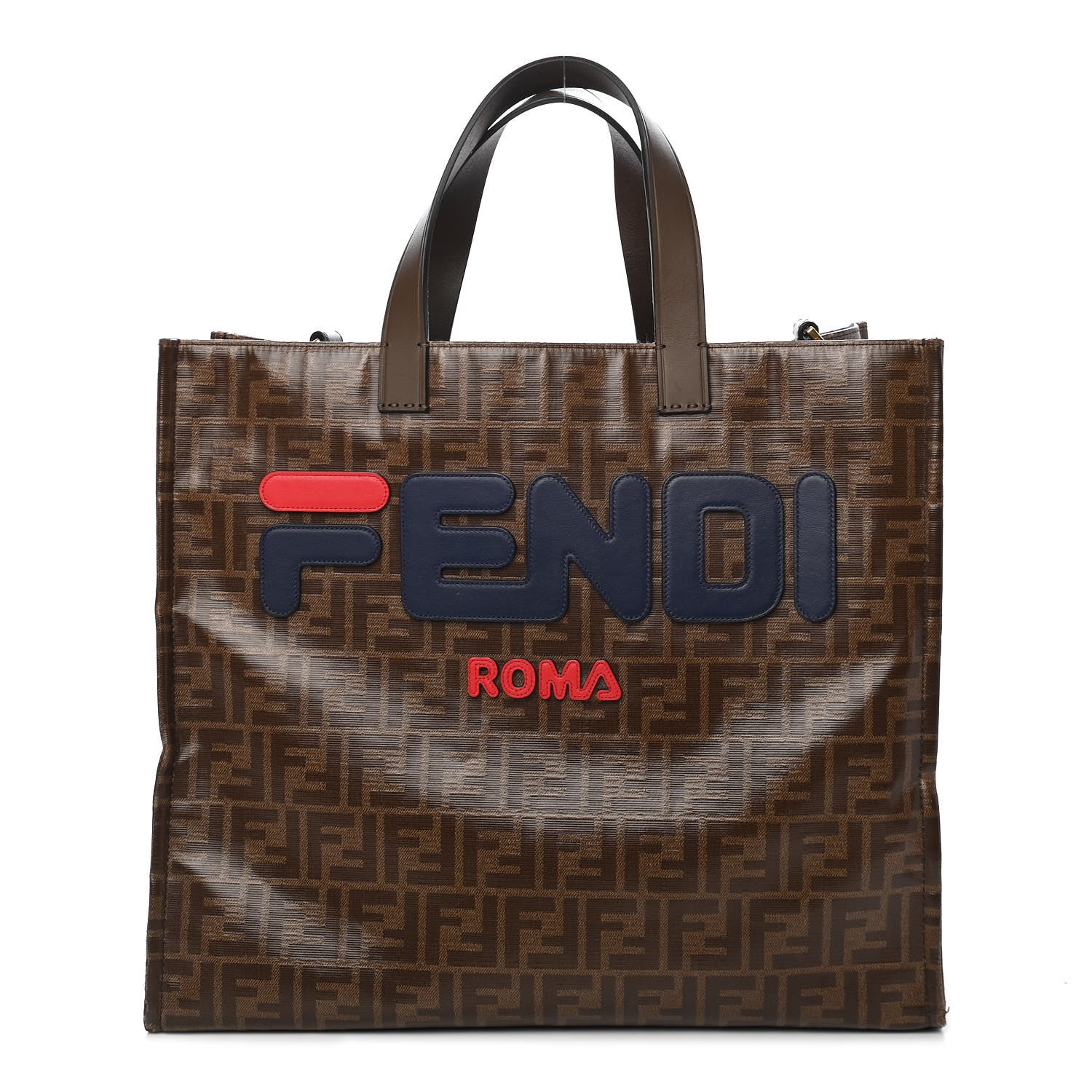 Fendi X FILA Glazed Fabric FF 1974 Mania Shopping Tote Bag Mogano Panna Blueberry 1 of 12