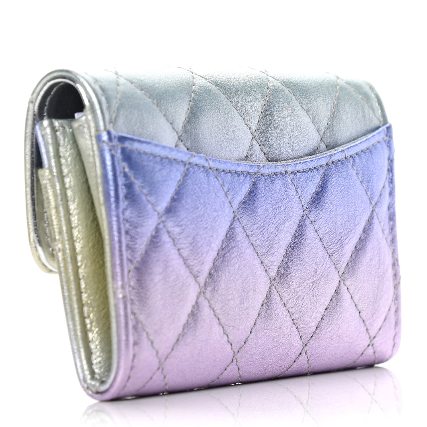 Chanel Gradient Metallic Calfskin Quilted Flap Card Holder Wallet Silver Blue Yellow Purple 3 of 8