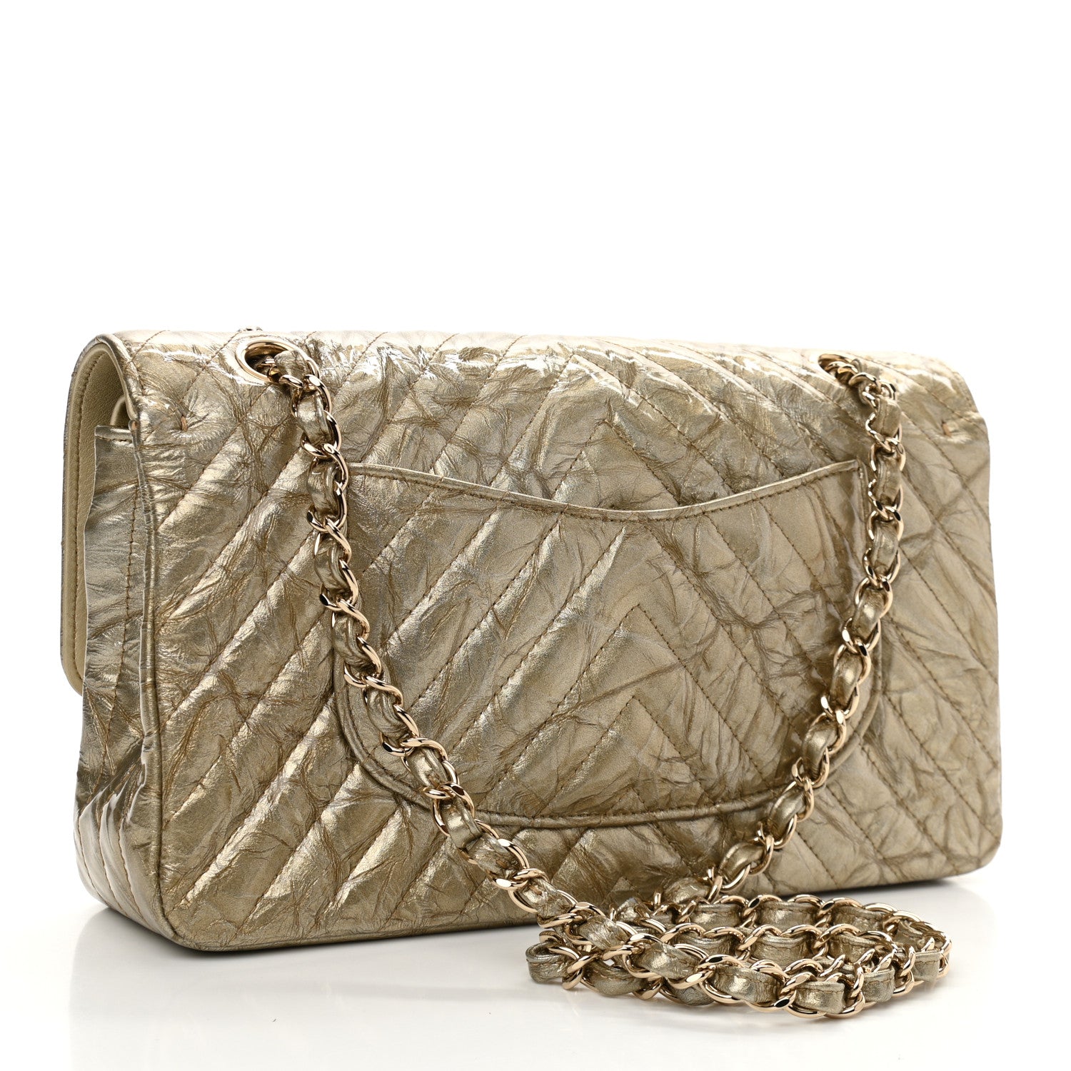 Chanel Metallic Patent Crumpled Calfskin Chevron Quilted Medium Double Flap Gold 3 of 12