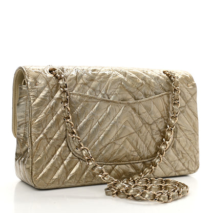 Chanel Metallic Patent Crumpled Calfskin Chevron Quilted Medium Double Flap Gold 3 of 12