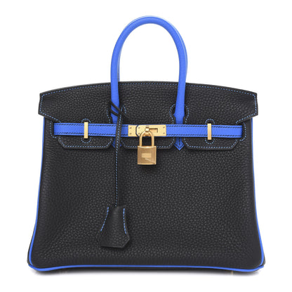 Hermes Taurillon Clemence Horseshoe Birkin 25 Black Bleu Hydra 1 of 10