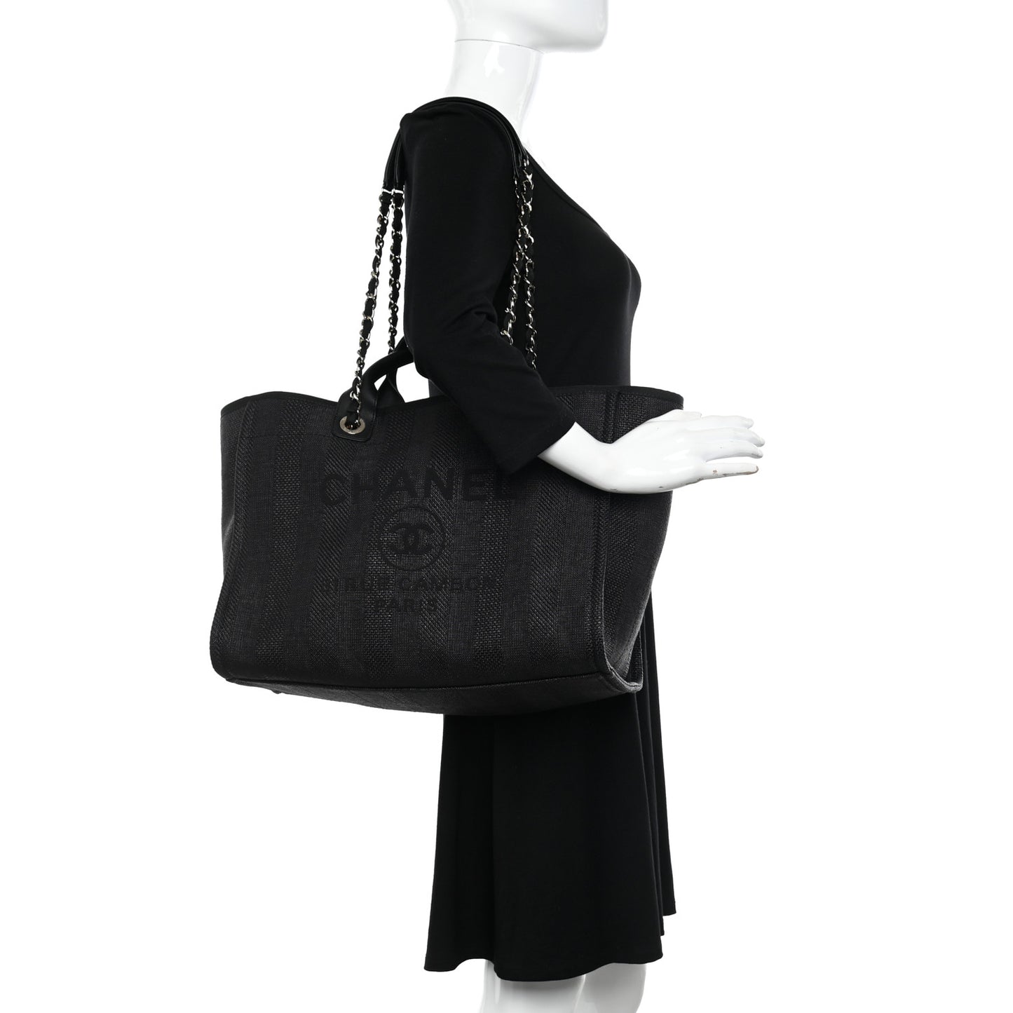 Mixed Fibers Calfskin Striped Deauville Tote Black