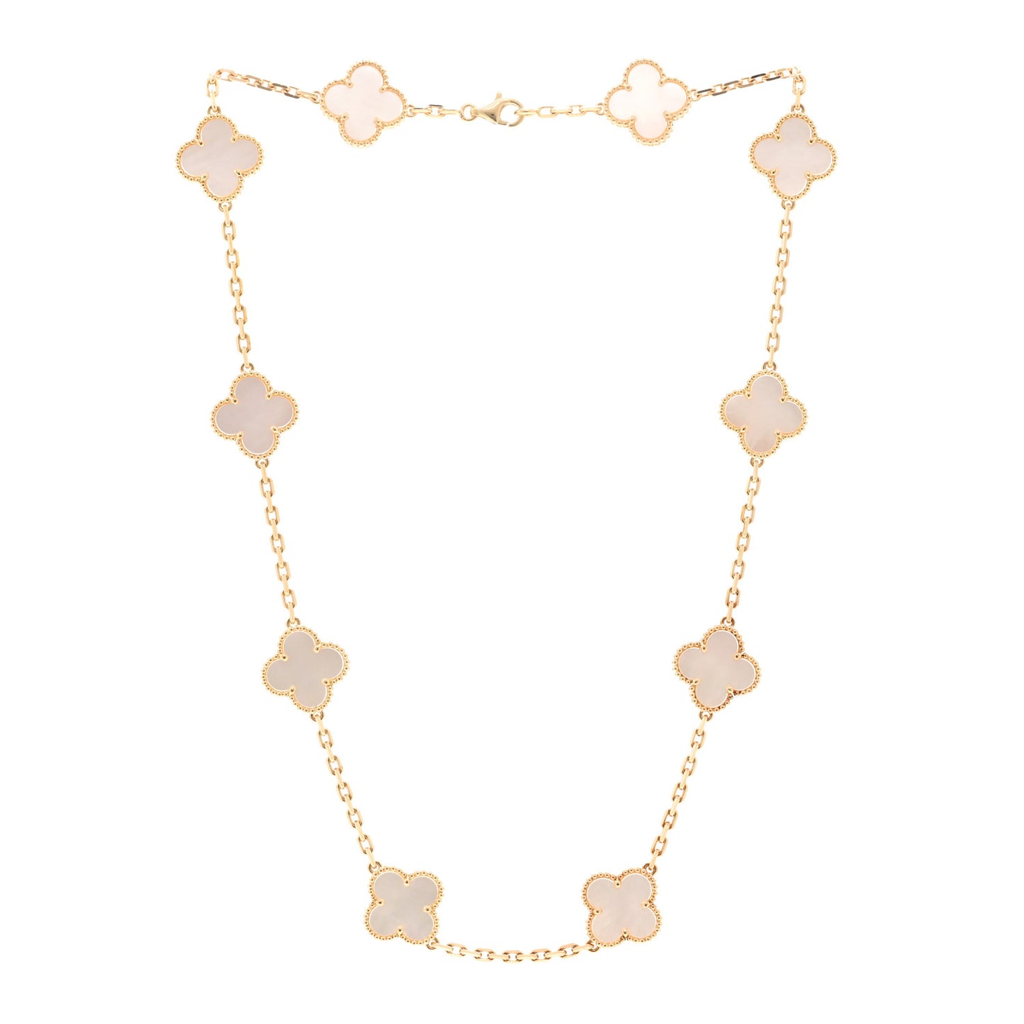 18K Yellow Gold Mother of Pearl 10 Motifs Vintage Alhambra Necklace