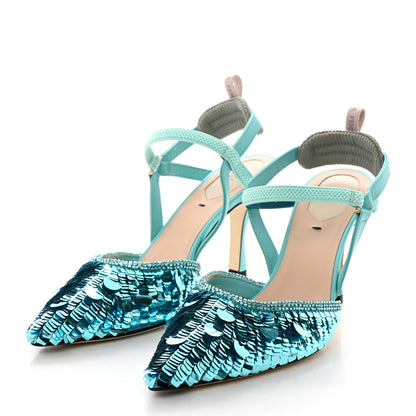 Fendi Organza Sequin Paillettes Colibri Lite 85mm Slingback Pumps 37 Nudo Blue Tiffany Blue 3 of 8