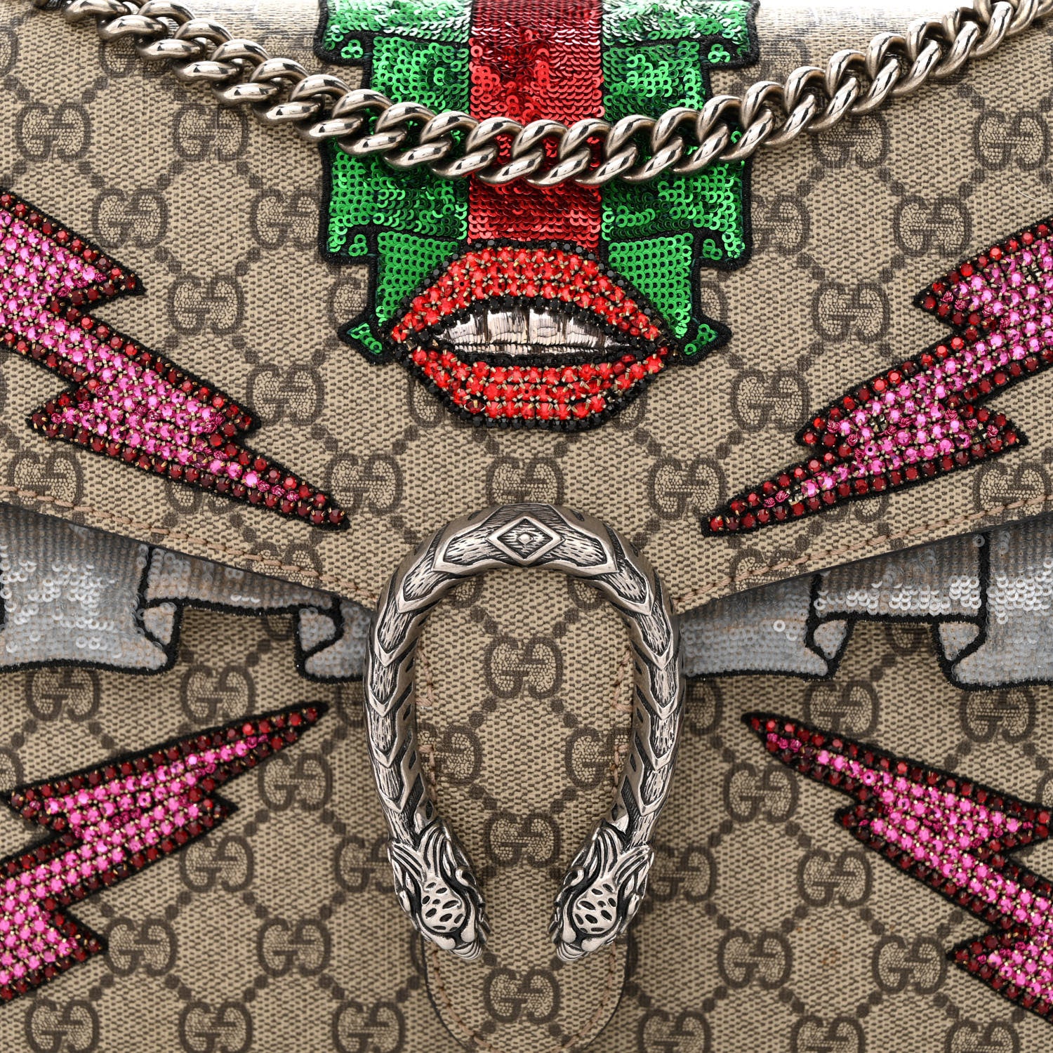 Gucci GG Supreme Monogram Lightning Embroidered Medium Dionysus Shoulder Bag Beige 8 of 12