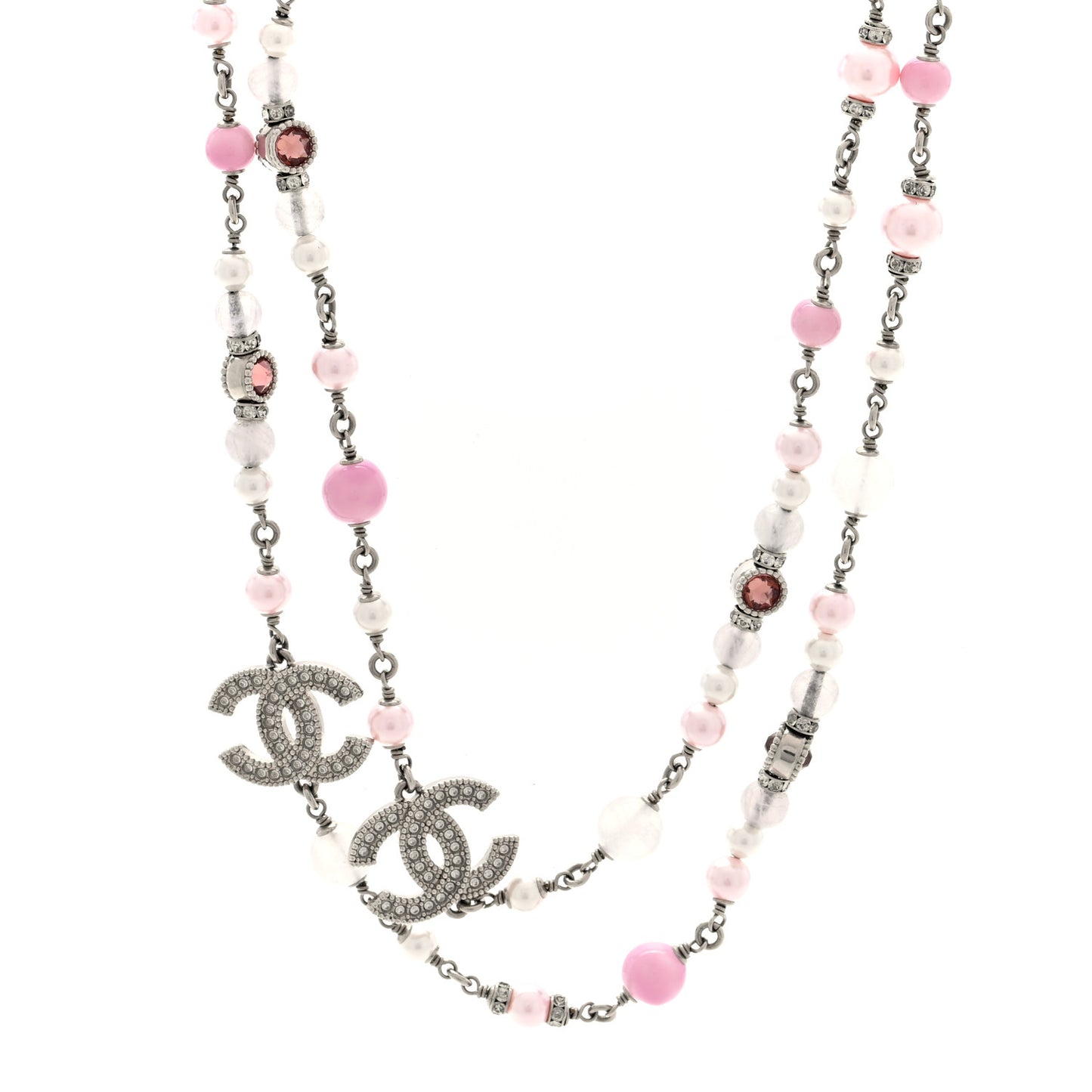 Pearl Crystal Beaded Crystal CC Long Necklace  Silver Pearly White Pink