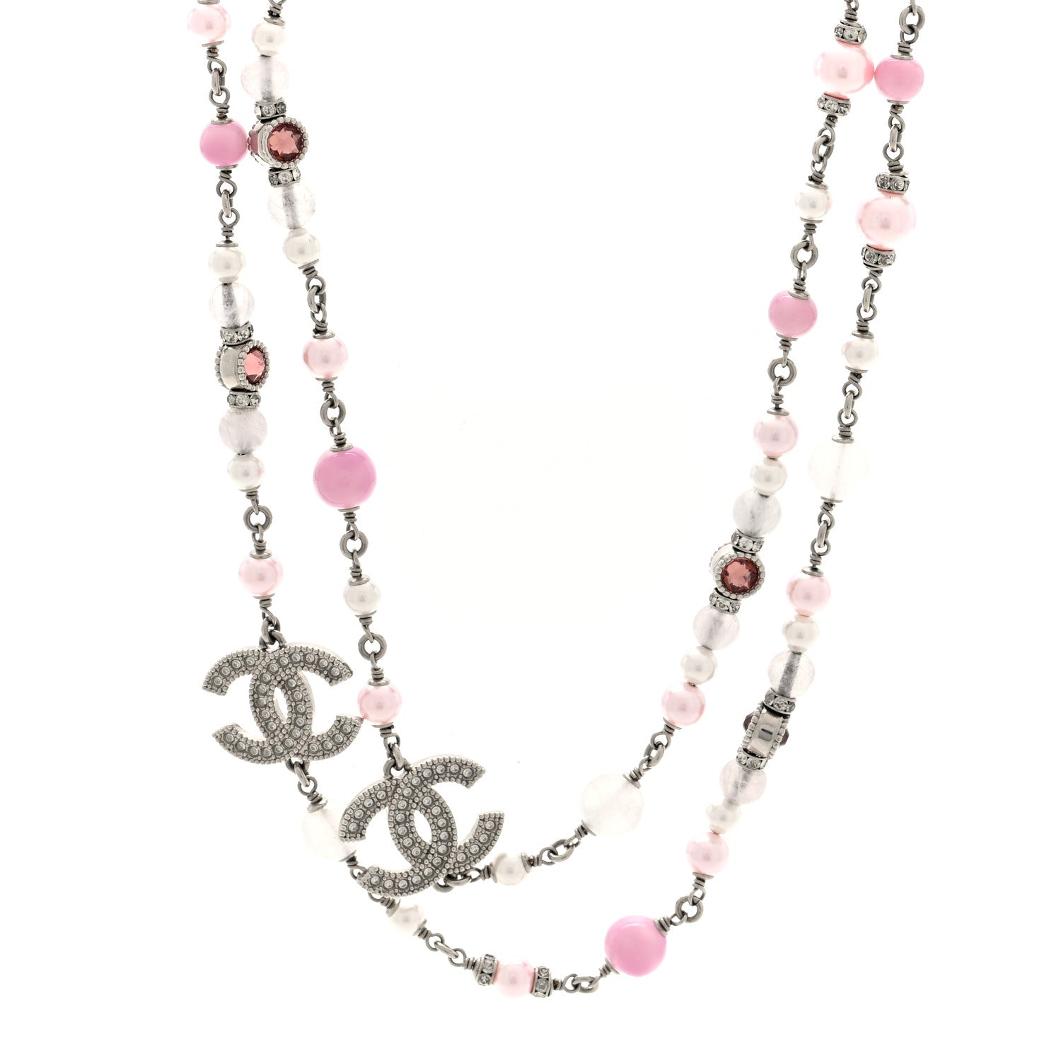 Chanel Pearl Crystal Beaded Crystal CC Long Necklace  Silver Pearly White Pink 1 of 4