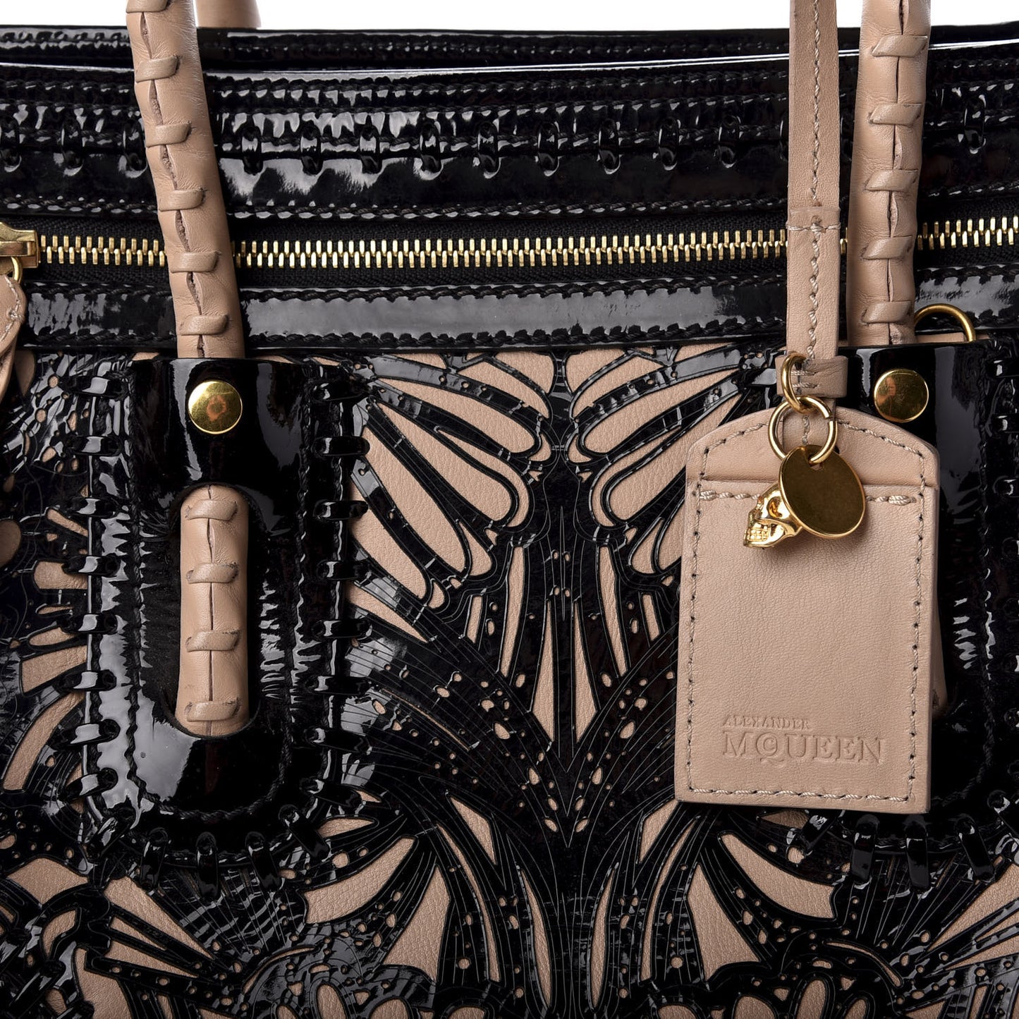 Patent Calfskin Bistrot Embossed Folk Tote Bag Black Beige