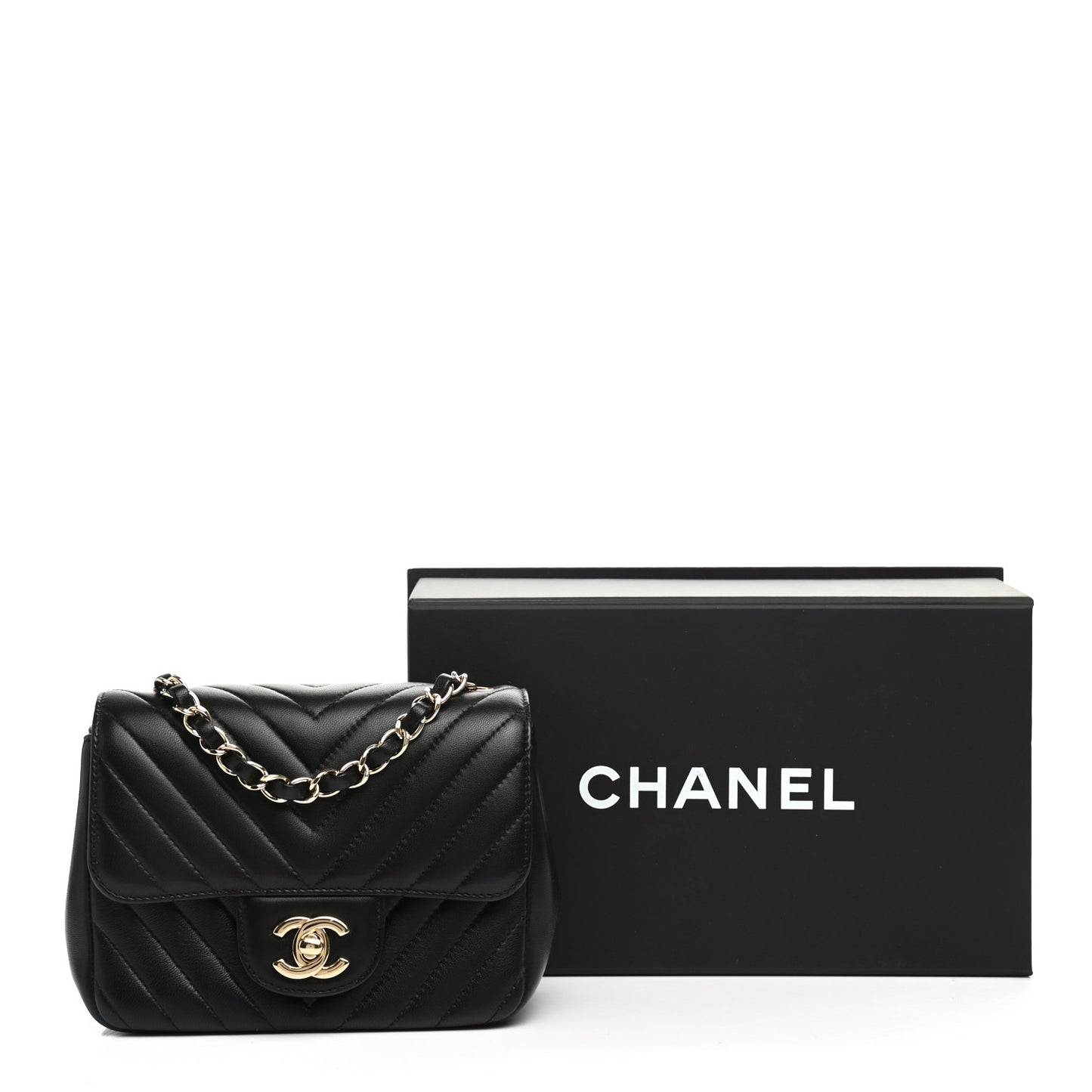 Lambskin Chevron Quilted Mini Square Flap Black