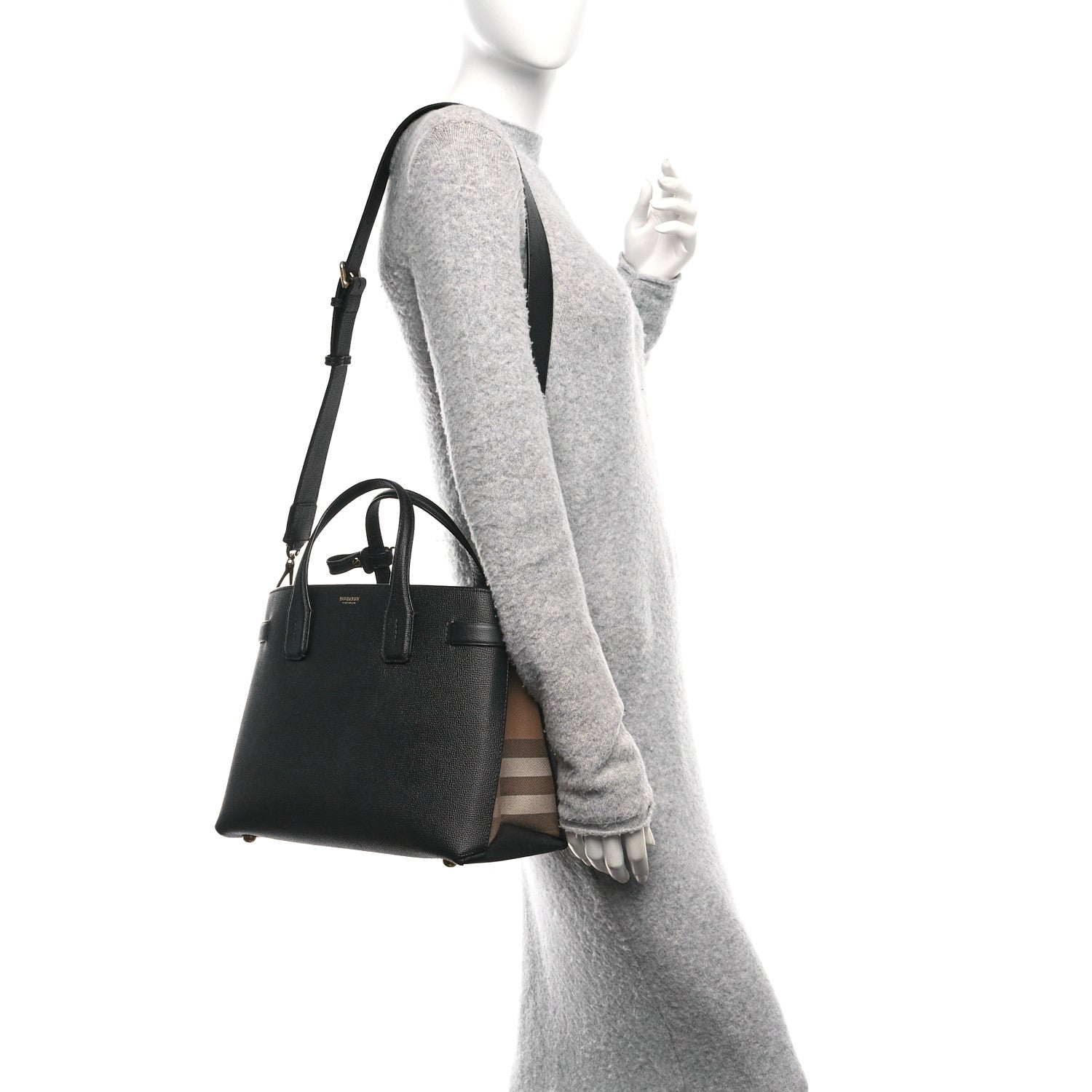 Burberry Grainy Calfskin House Check Medium Banner Tote Black 2 of 9