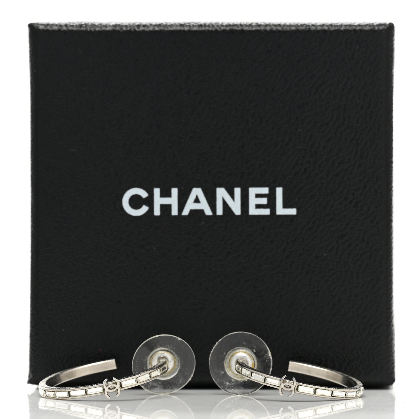 Baguette Crystal CC Hoop Earrings Silver