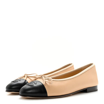 Chanel Lambskin Cap Toe CC Ballerina Flats 36.5 Beige Black 3 of 11