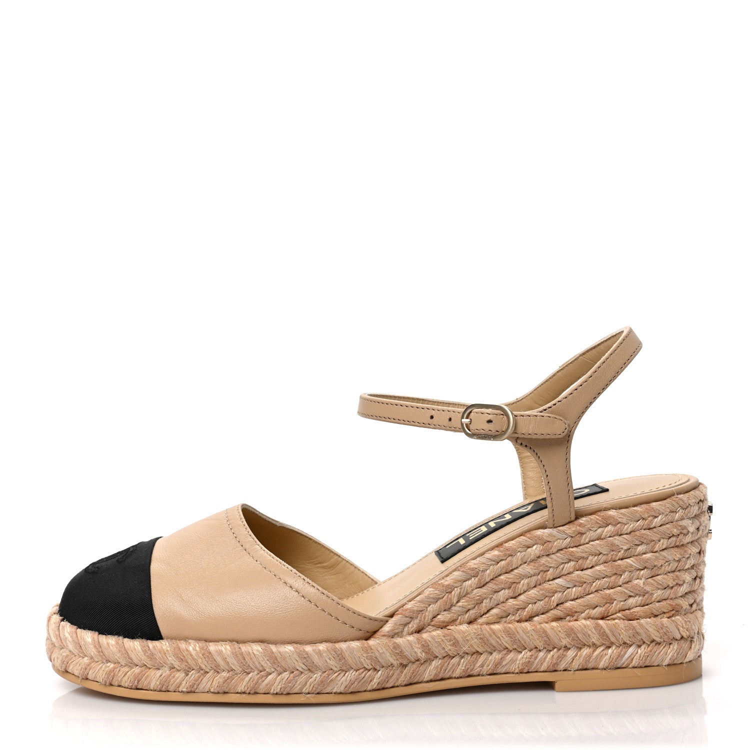 Chanel Lambskin Grosgrain CC Espadrilles Wedges 37 Beige Black 1 of 9