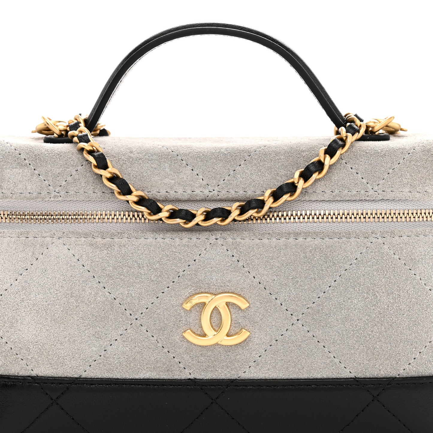 Suede Calfskin Shiny Lambskin Quilted Top Handle Slim Vanity Case With Chain Grey Black