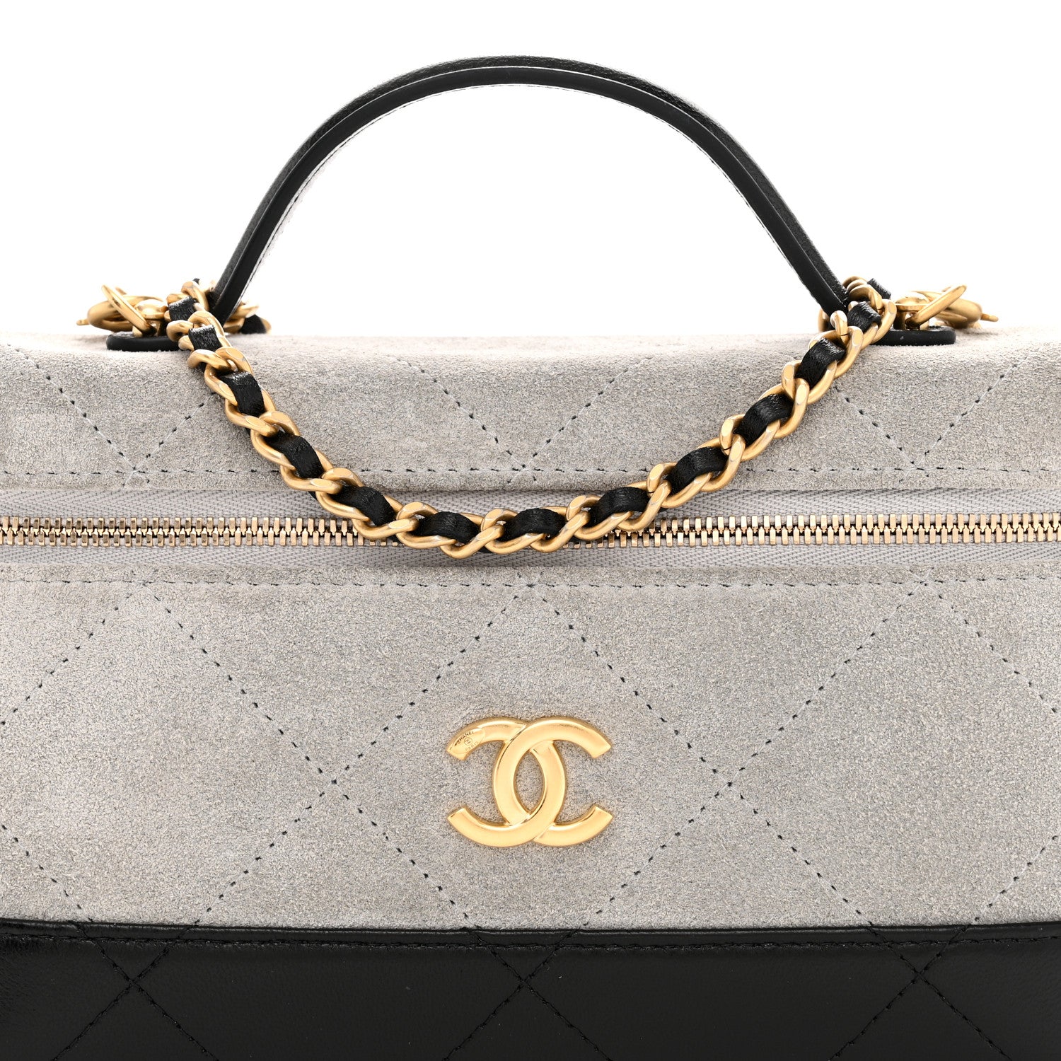 Chanel Suede Calfskin Shiny Lambskin Quilted Top Handle Slim Vanity Case With Chain Grey Black 8 of 12