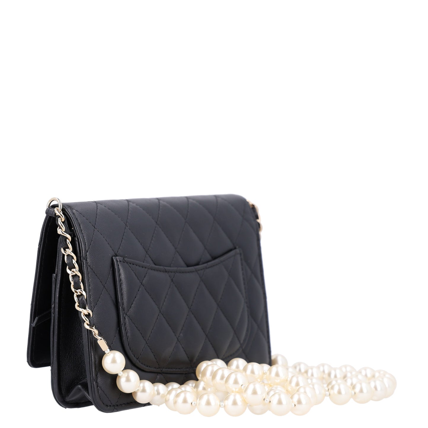 Lambskin Quilted Pearl Wallet On Chain WOC Black