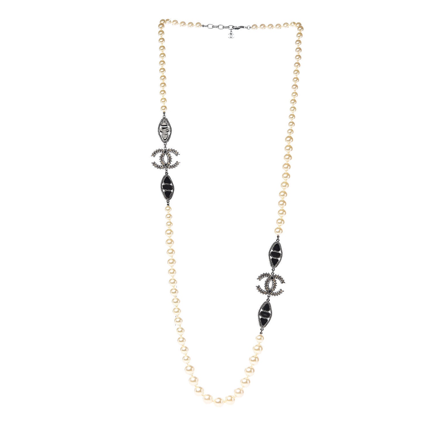Pearl Bead Enamel CC Long Necklace Black White
