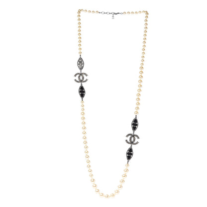 Chanel Pearl Bead Enamel CC Long Necklace Black White 3 of 5