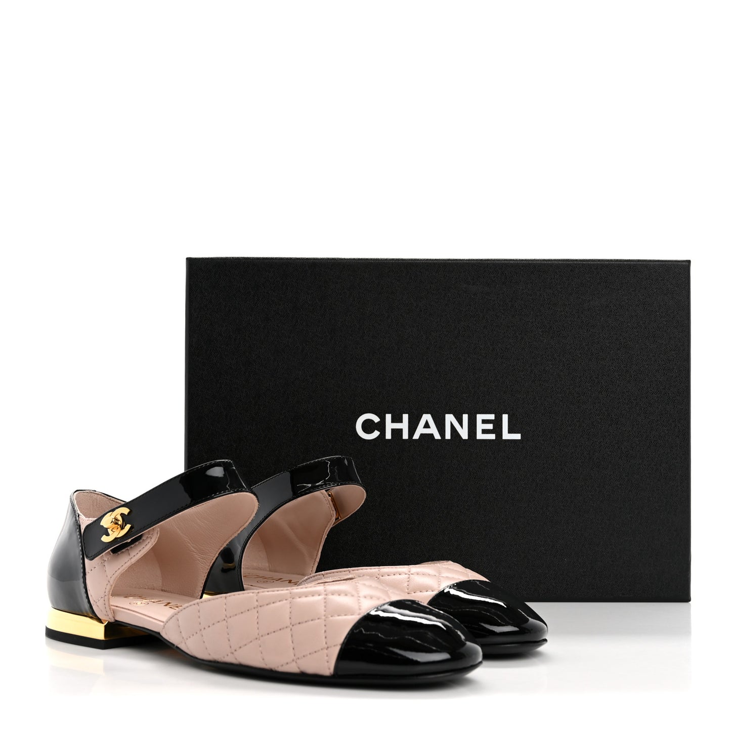 Patent Lambskin Quilted Cap Toe Ballerina Flats 38.5 Beige Black