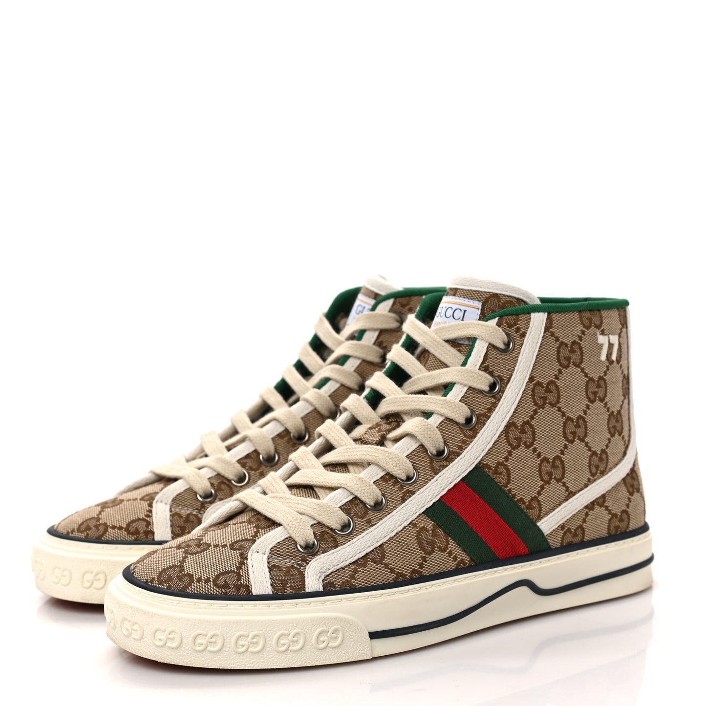 GG Monogram Web Womens 1977 Tennis High Top Sneakers 37.5 Beige Ebony Mystic White