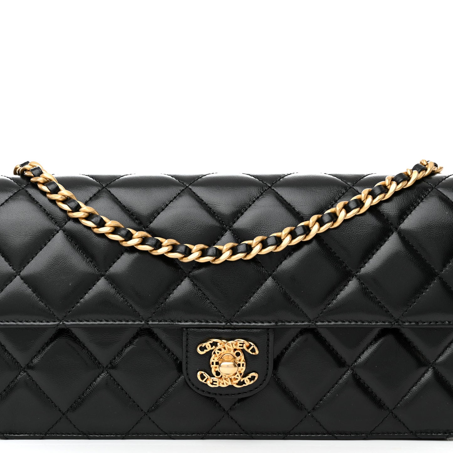 Shiny Lambskin Quilted Flap Clutch Bag Black