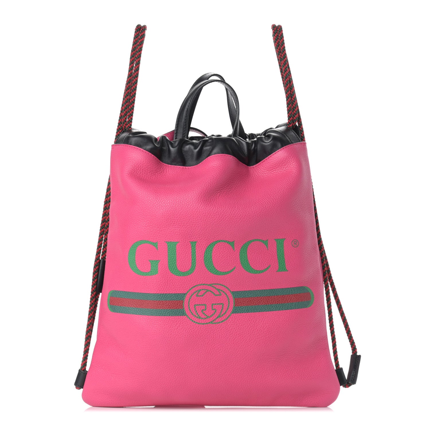 Gucci Grained Calfskin Logo Drawstring Backpack Box Pink Green Black 1 of 12