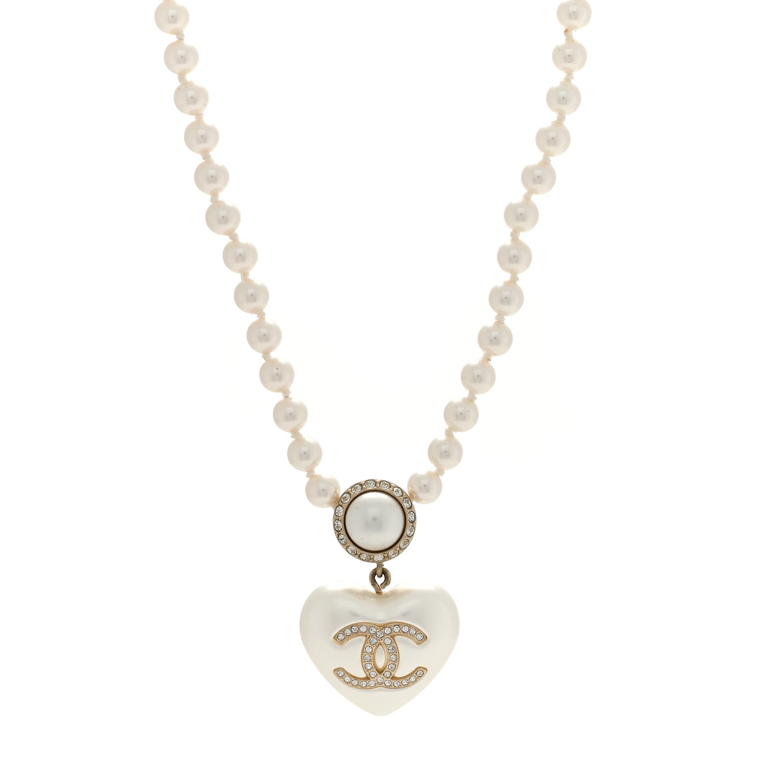 Chanel Pearl Crystal CC Heart Short Necklace Pearly White Gold 1 of 5