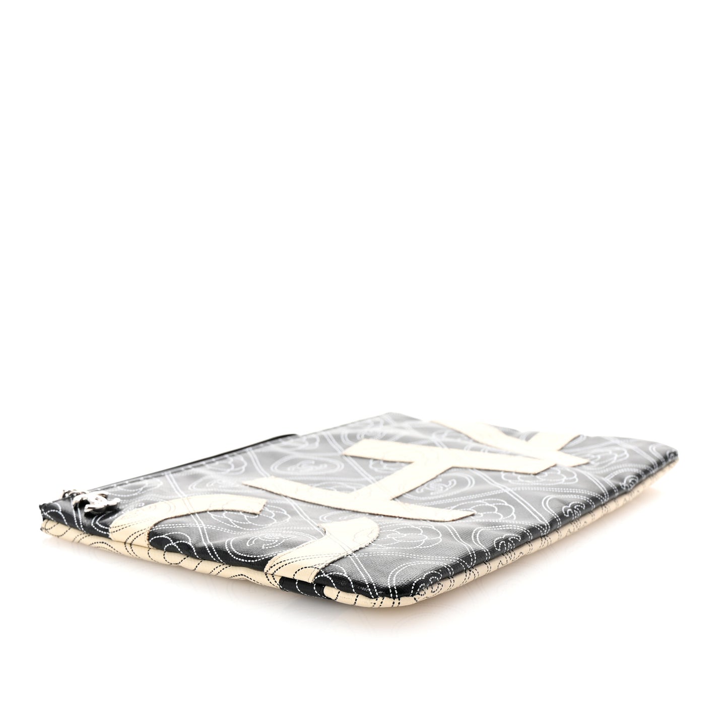 Coated Canvas Calfskin Camellia Printed Pouch Black Beige
