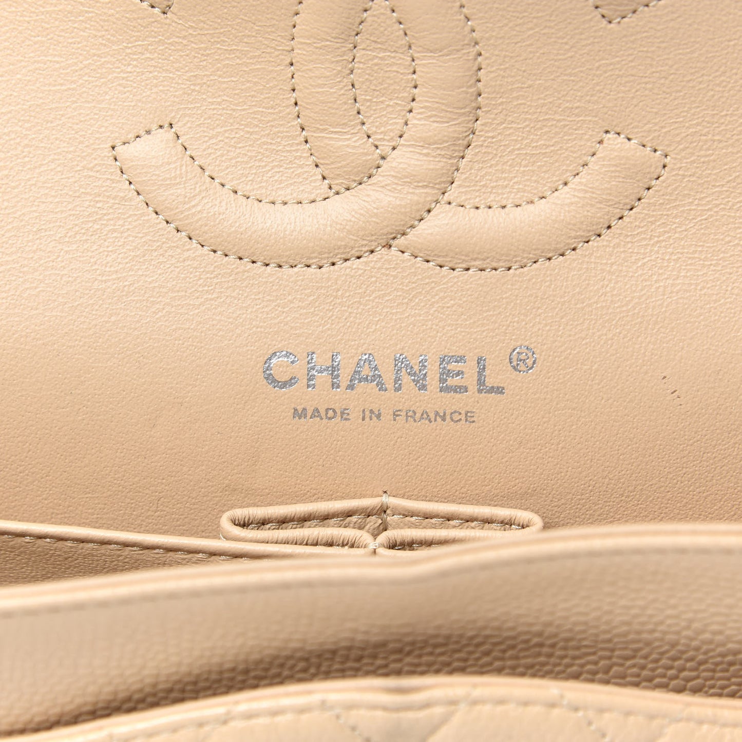 Caviar Quilted Medium Double Flap Beige