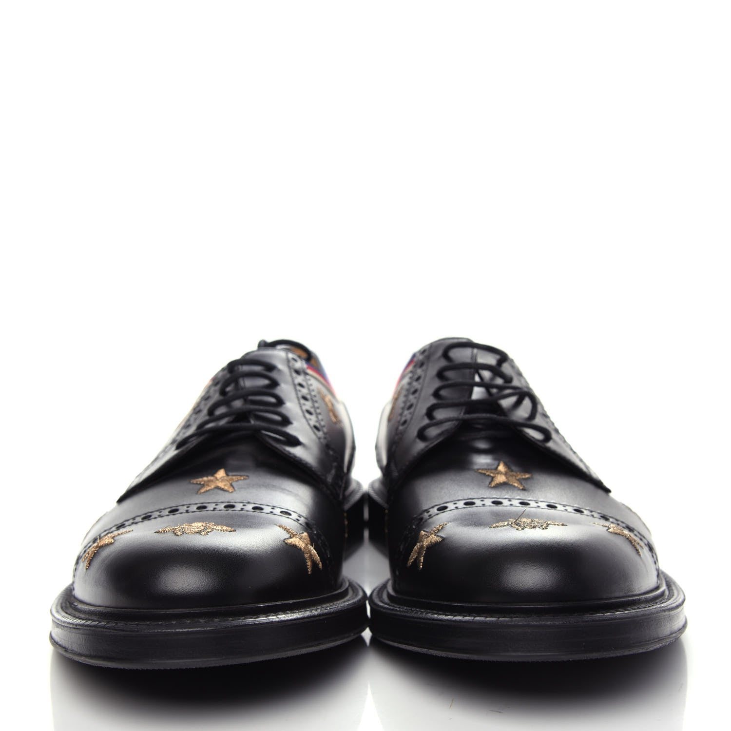 Gucci Calfskin Sylvie Web Bee Star Embroidered Mens Captoe Derby Loafers 9 Black 2 of 11
