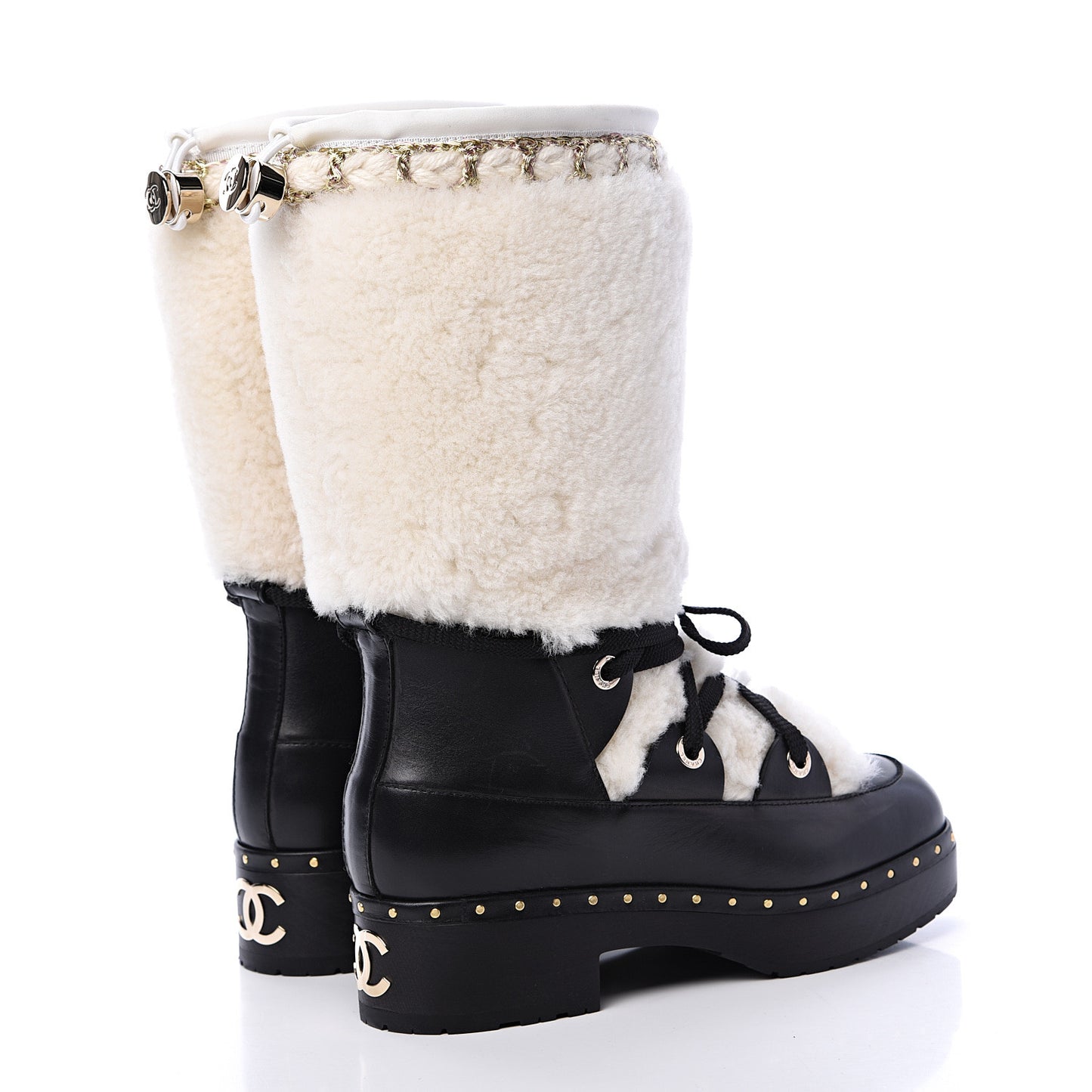 Shearling Chain Studded CC High Boot 37 Black