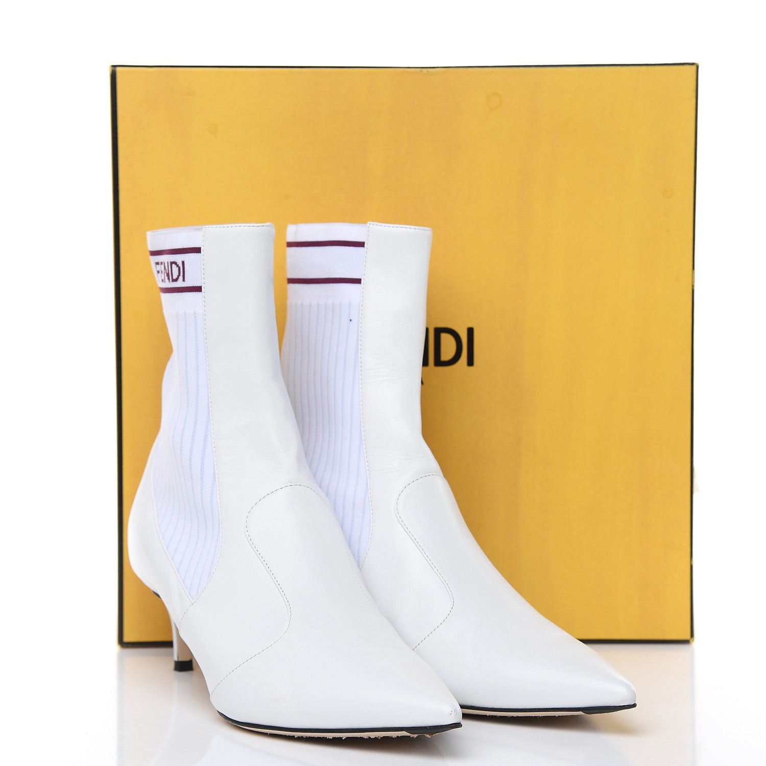 Fendi Vitellino Stretch Fabric Logo Rockoko Low Heel Sock Boots 39 White Bordeaux 11 of 11