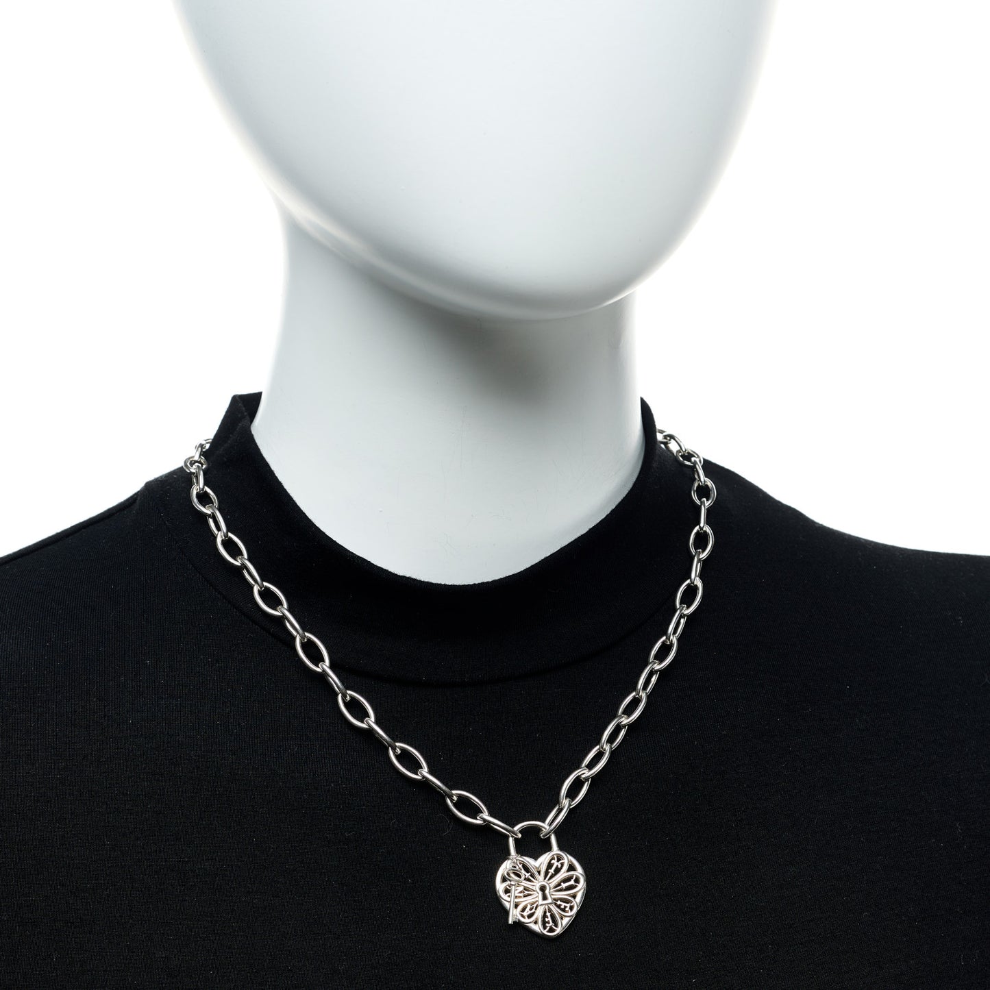 Sterling Silver Filigree Heart Key Pendant Link Necklace