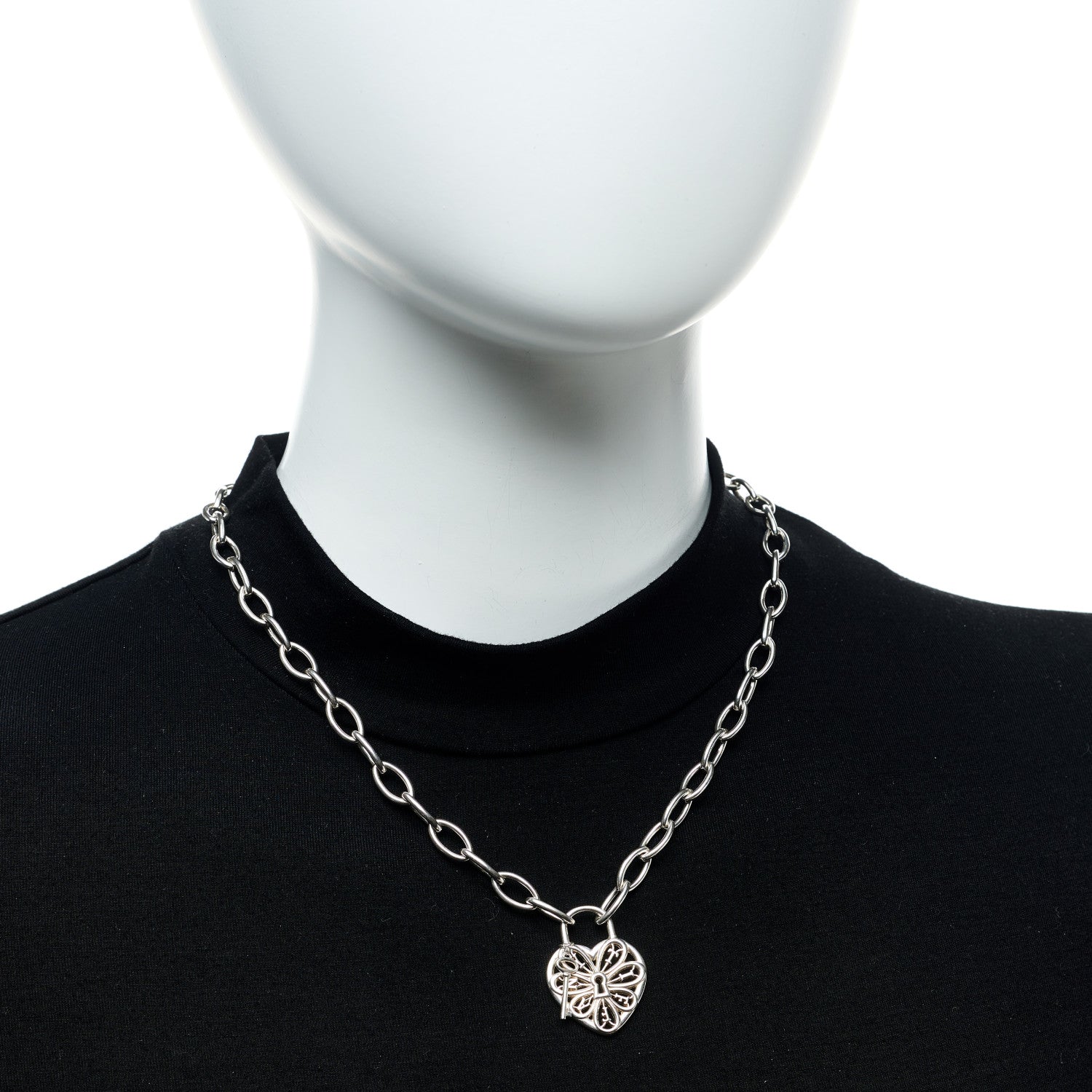 Tiffany Sterling Silver Filigree Heart Key Pendant Link Necklace 2 of 5